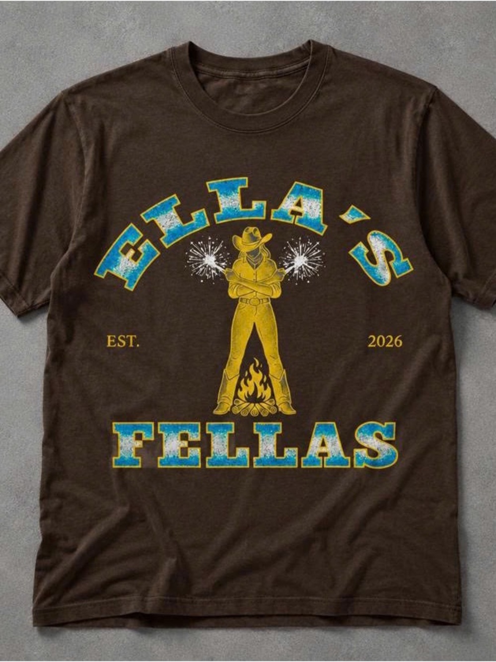Brown Short-Sleeve Tee with Yellow Cowboy and Blue Graphic Text